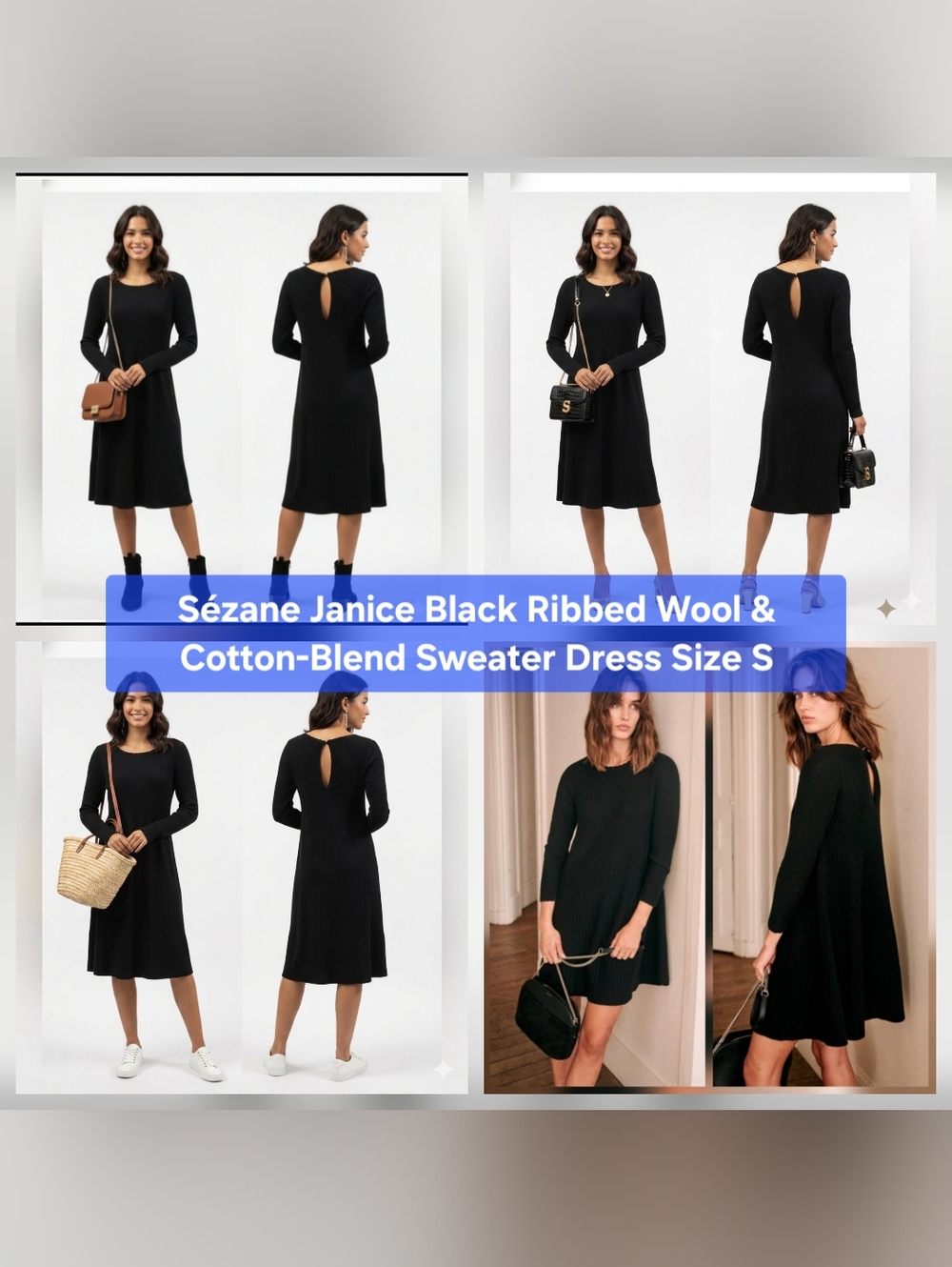 Sézane Janice Black Ribbed Wool & Cotton-Blend Sweater Dress Size S